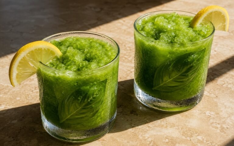 Blended basil lemonade in a glass showing pale green slushy drink with visible ice texture, fresh basil leaves on top, and a lemon slice garnish on marble surface