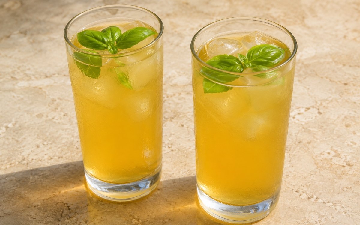 Basil mango white iced tea in a tall glass showing pale golden-orange still drink over ice with mango cubes and fresh basil leaves on marble surface