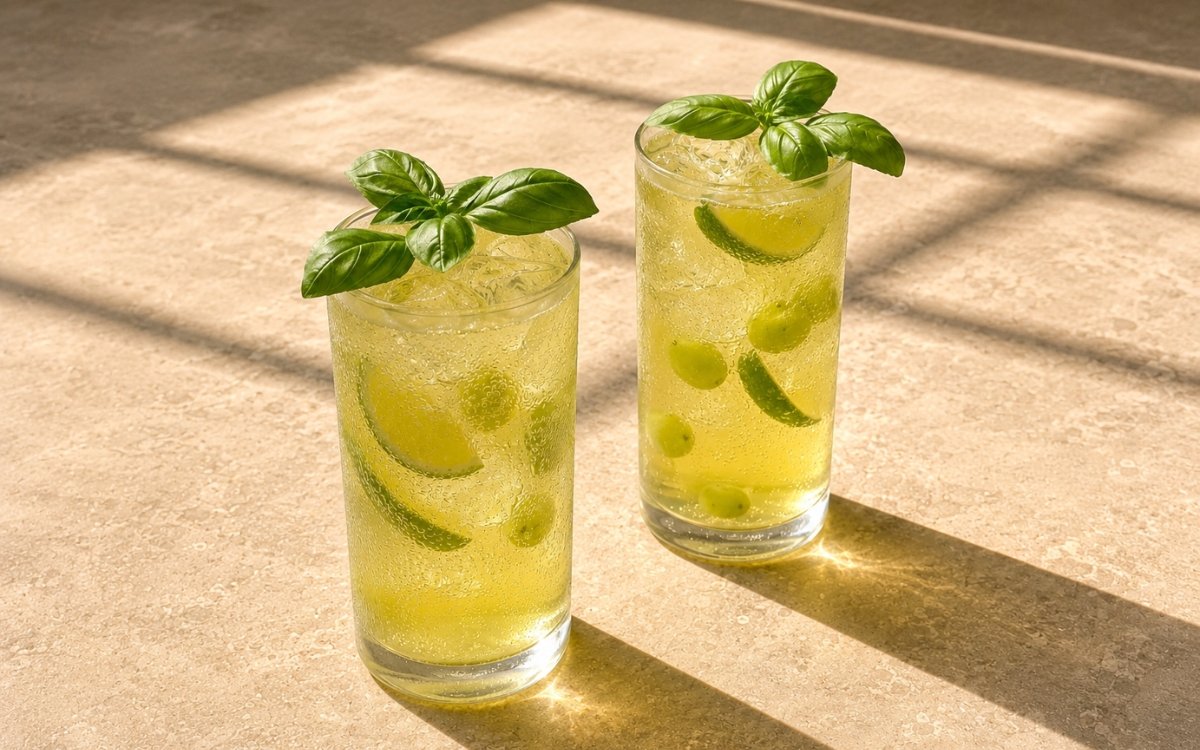 Basil smash mocktail in tall highball glasses with pale green sparkling liquid, lime quarters, green grapes and fresh basil sprigs on a warm stone surface