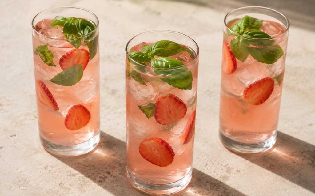 Basil strawberry white iced tea in a tall glass showing pale pink still drink over ice with strawberry slices and fresh basil leaves on marble surface