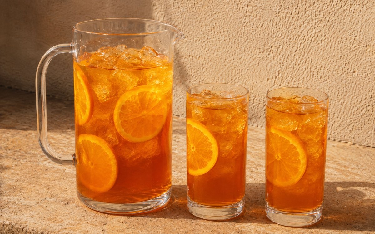 Large black tea orange pitcher showing warm amber-golden still drink with orange slices visible on marble surface