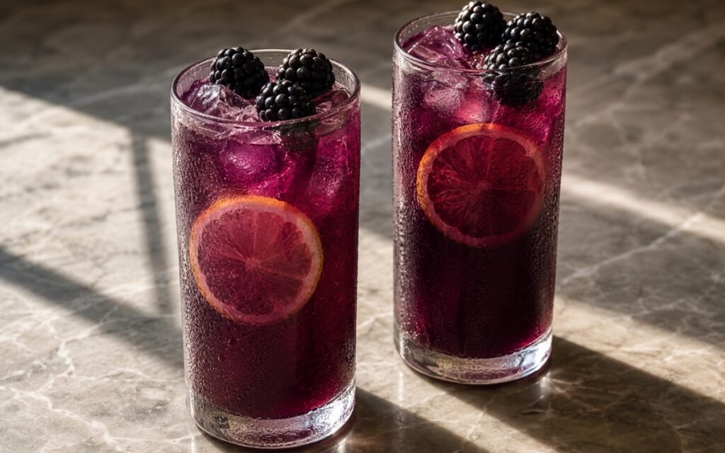 Blackberry lemonade in a tall glass showing deep dark-purple still drink over ice with a lemon slice and fresh blackberries on the ice on marble surface