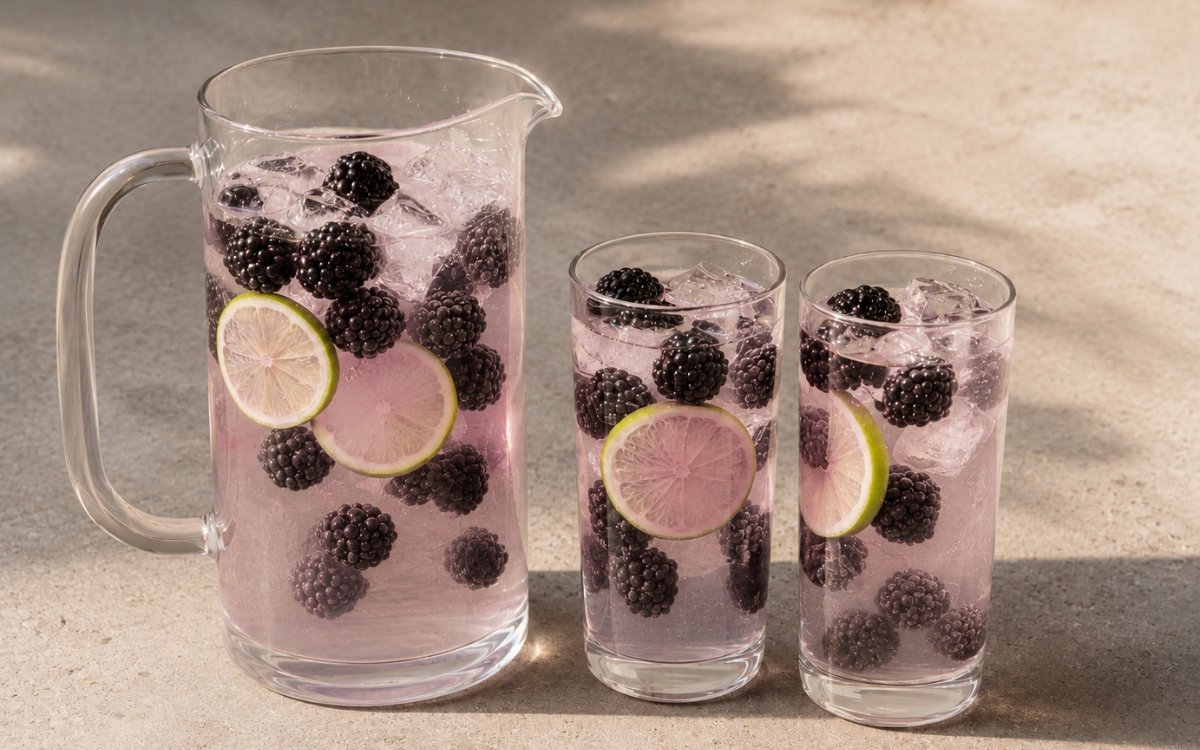 Blackberry lime infused water in a large pitcher showing vivid deep purple-black water with whole blackberries and lime rounds visible throughout on marble surface