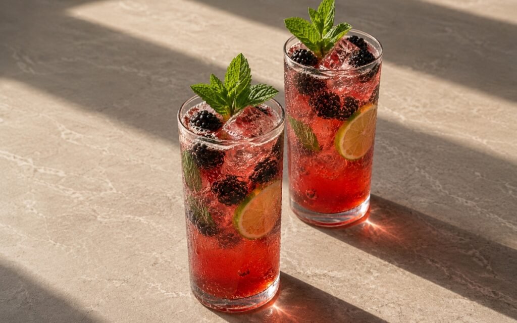 Blackberry mojito mocktail in tall highball glasses with deep red sparkling liquid, whole blackberries, lime wheels and fresh mint sprigs on a grey marble surface
