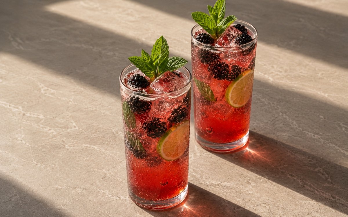 Blackberry mojito mocktail in tall highball glasses with deep red sparkling liquid, whole blackberries, lime wheels and fresh mint sprigs on a grey marble surface