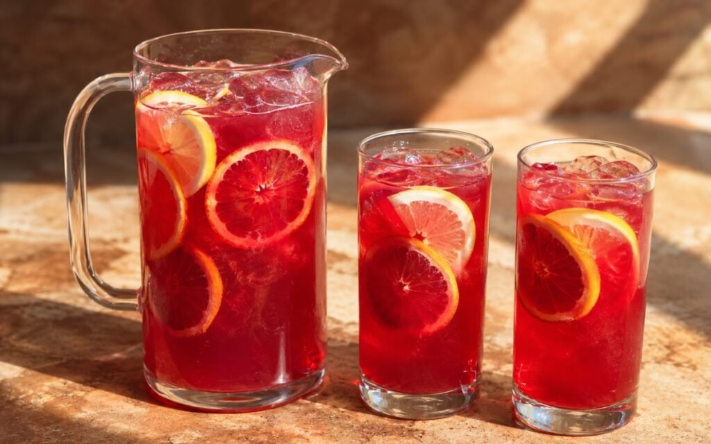 Large blood orange citrus pitcher showing vivid deep ruby-red still drink with blood orange rounds and lemon slices visible on marble surface