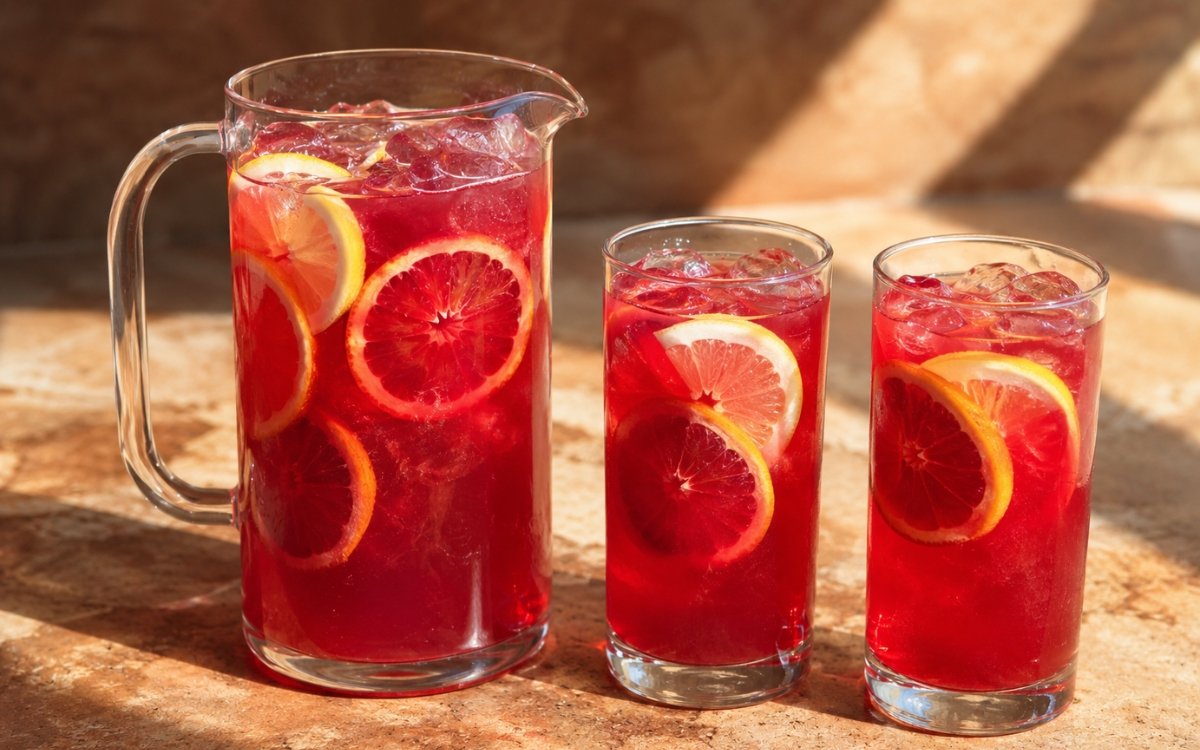 Large blood orange citrus pitcher showing vivid deep ruby-red still drink with blood orange rounds and lemon slices visible on marble surface