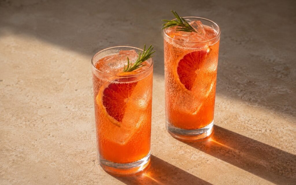 Blood orange fizz spritzer in tall highball glasses with vivid orange-red sparkling liquid, blood orange half-wheel and fresh rosemary sprig on a warm stone countertop