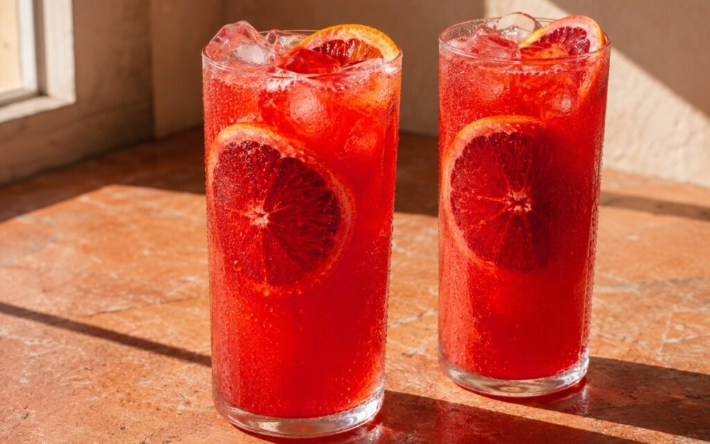 Blood orange lemonade in a tall glass showing vivid ruby-red still drink over ice with a blood orange slice against the glass and a lemon peel twist on marble surface