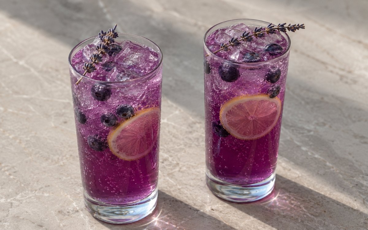 Blueberry lavender lemonade in a tall glass showing vivid deep purple sparkling drink over ice with fresh blueberries, a lemon wheel, and a fresh lavender sprig on top on marble surface