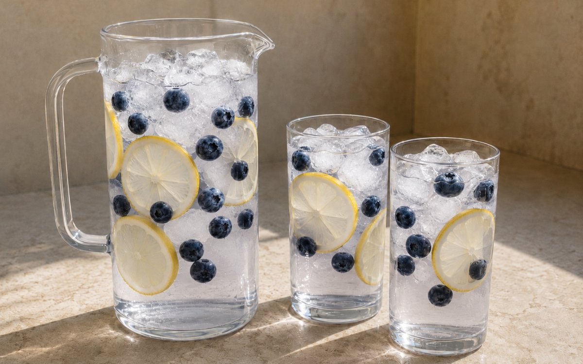 Blueberry lemon infused water in a large pitcher showing vivid blue-purple to lavender water with whole blueberries and lemon rounds visible throughout on marble surface