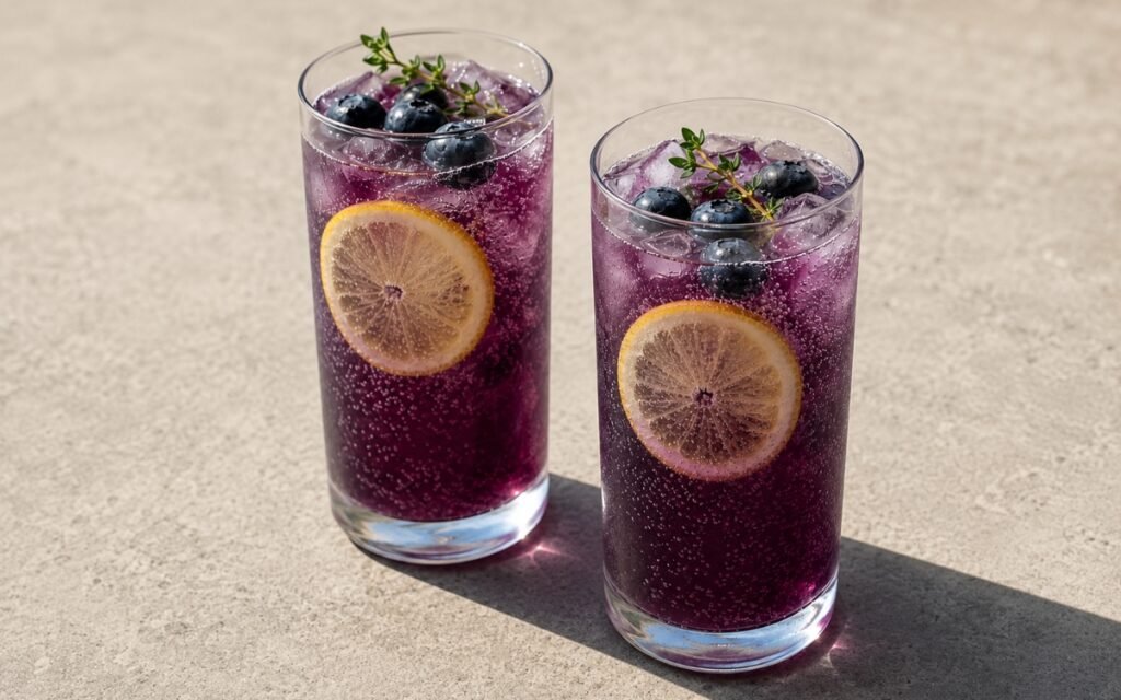 Blueberry lemon thyme spritzer mocktail in a tall glass showing vivid deep purple sparkling drink over ice with fresh blueberries on the surface, a thin lemon slice inside the glass, and a small thyme sprig on marble surface