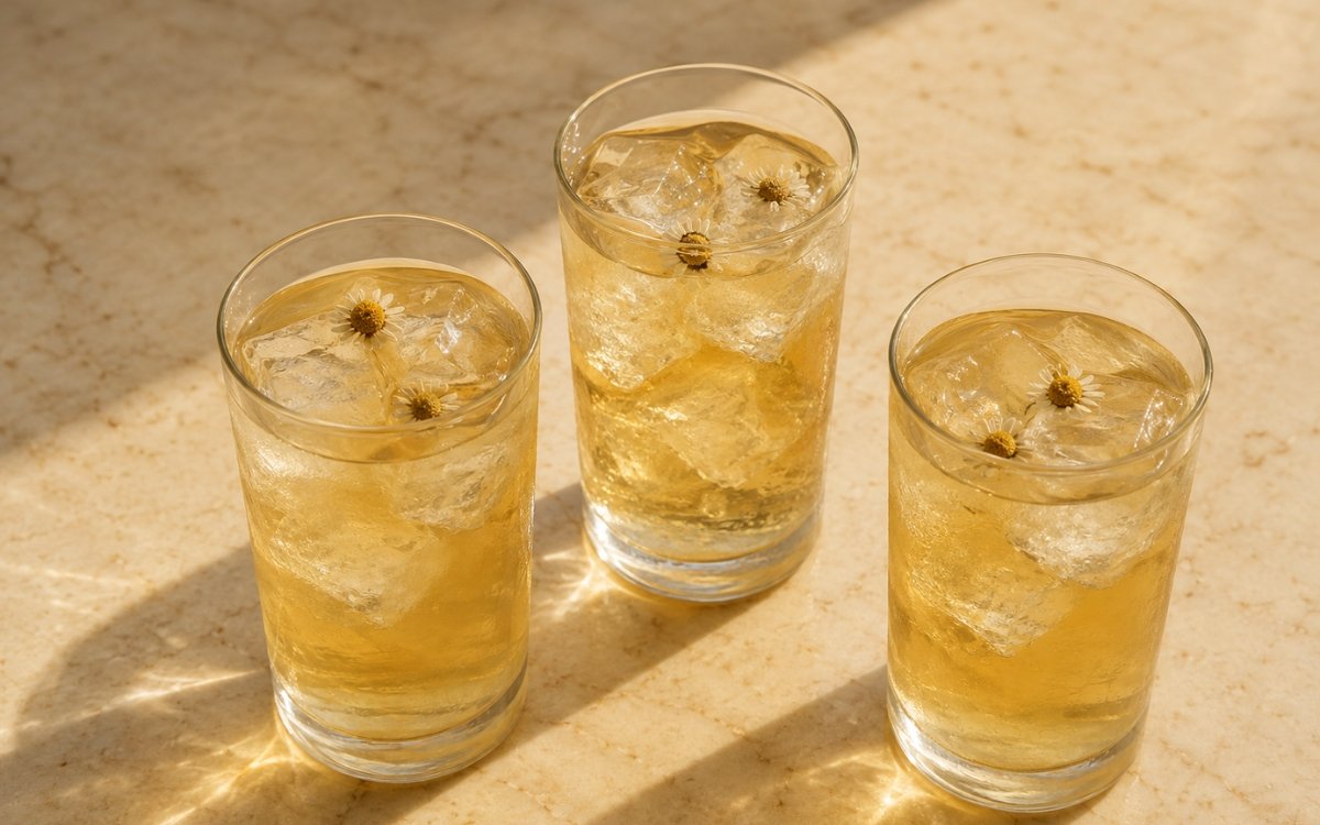 Chamomile honey white iced tea in a tall glass showing pale golden still drink over ice with dried chamomile flowers and a lemon peel twist on marble surface