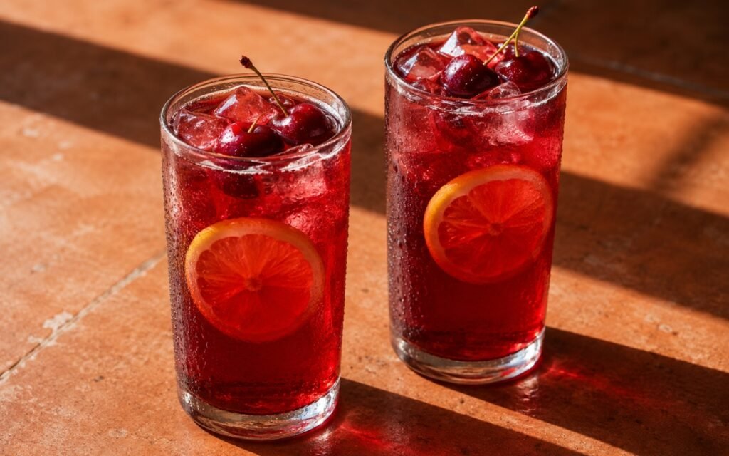 Cherry lemonade in a tall glass showing vivid deep ruby-red still drink over ice with a lemon slice and fresh cherries on the ice on marble surface