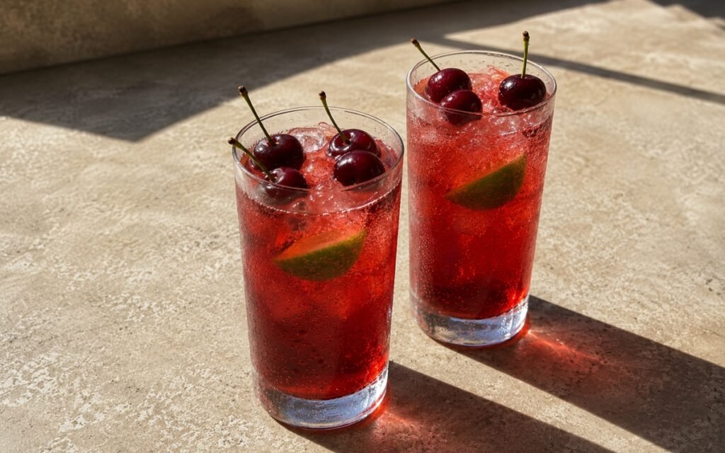 Cherry lime rickey mocktail in a tall glass showing deep ruby-red sparkling drink over ice with fresh cherries resting on the ice and a lime wedge dropped in the drink on marble surface