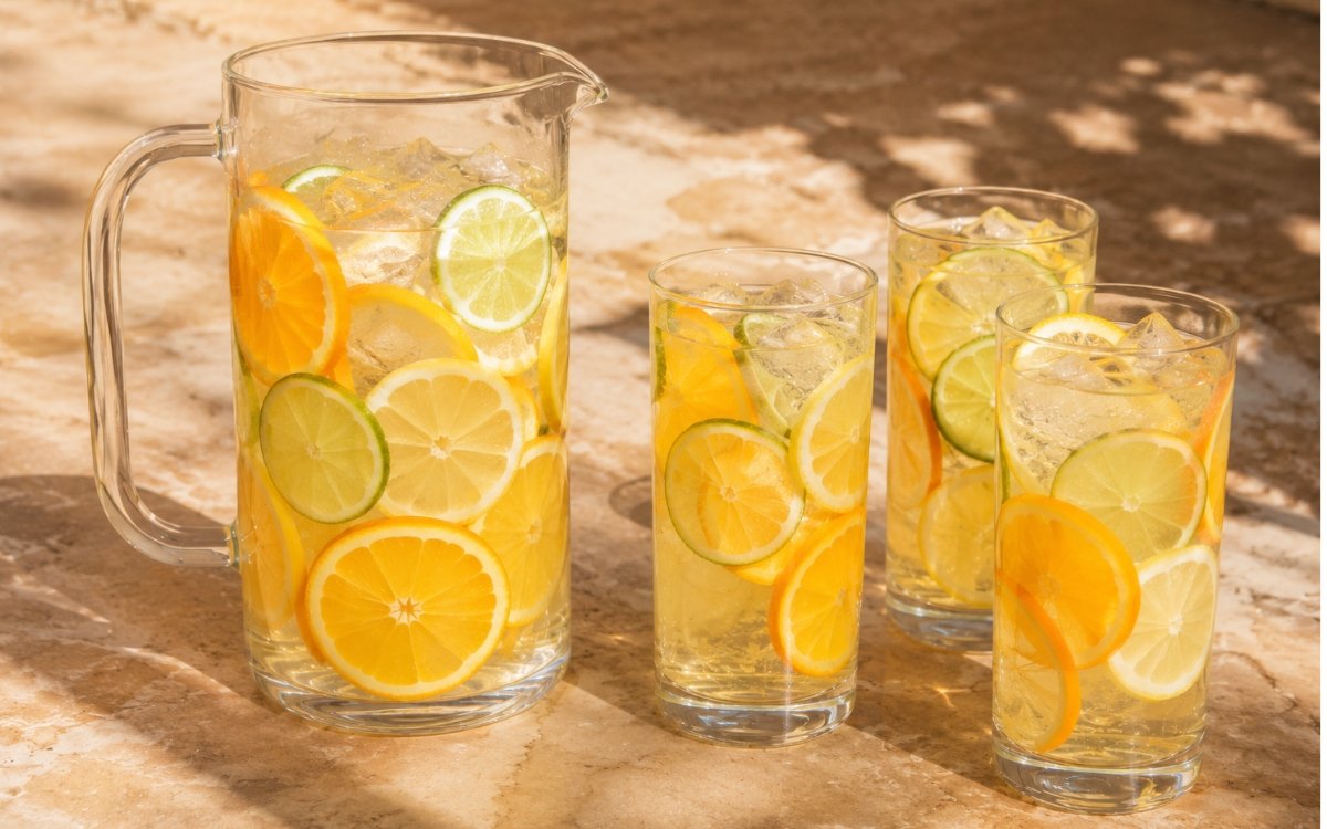 Citrus medley infused water in a large pitcher showing pale golden water with orange rounds, lemon rounds, and lime rounds layered visually throughout on marble surface