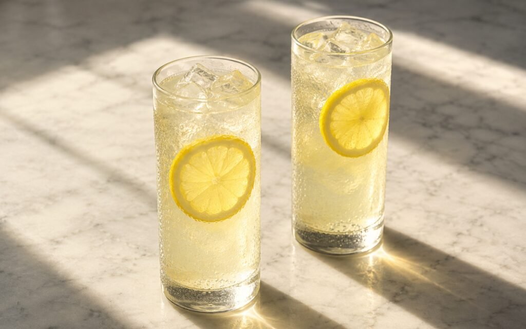 Classic fresh lemonade in a tall glass showing pale clear-yellow still drink over ice with a lemon slice against the glass on marble surface