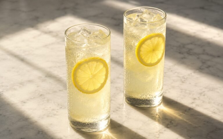Classic fresh lemonade in a tall glass showing pale clear-yellow still drink over ice with a lemon slice against the glass on marble surface