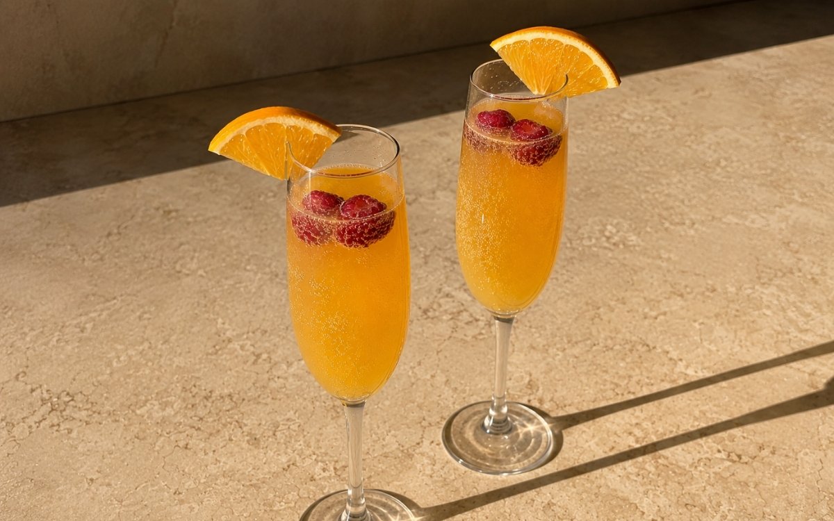 Classic mimosa mocktail in champagne flute glasses with golden-orange sparkling liquid, orange wedge on the rim and fresh raspberries floating on a warm marble surface