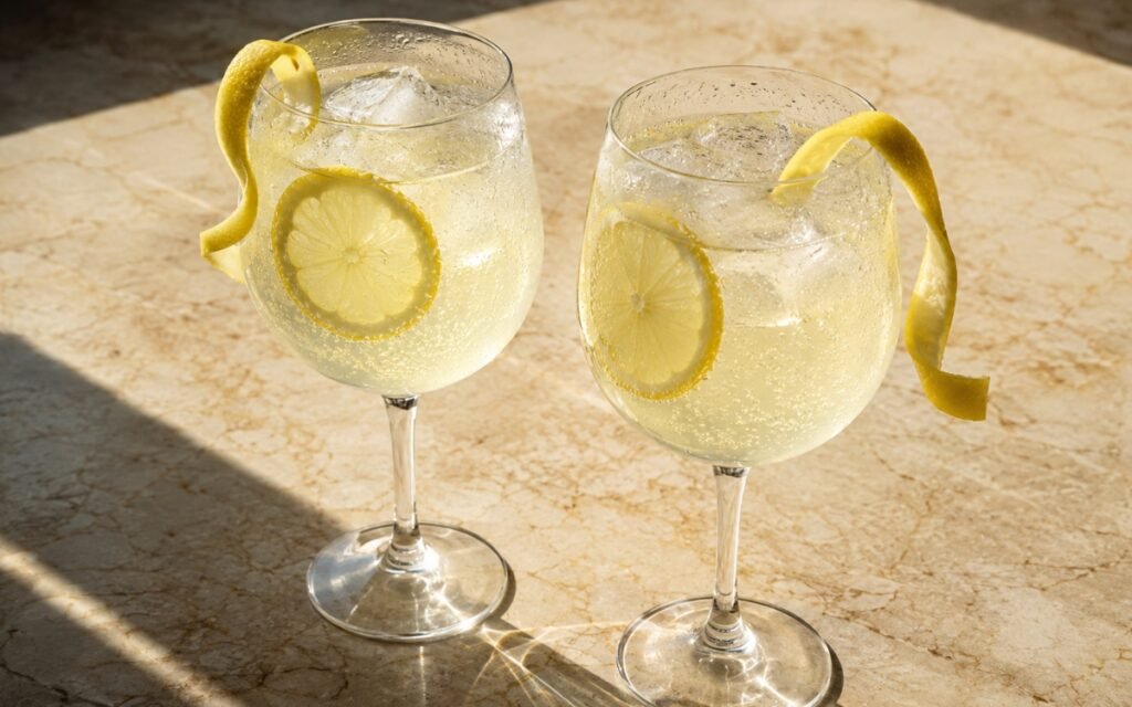 Classic sparkling lemonade in a tall glass showing pale clear-yellow sparkling drink over ice with a lemon slice against the glass on marble surface