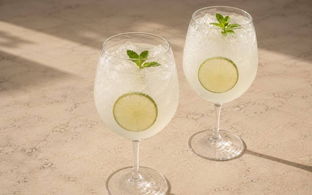 Coconut lime sparkling mocktail in a wine glass showing pale golden sparkling drink over ice with a thin lime slice against the glass and a fresh mint sprig on top on marble surface