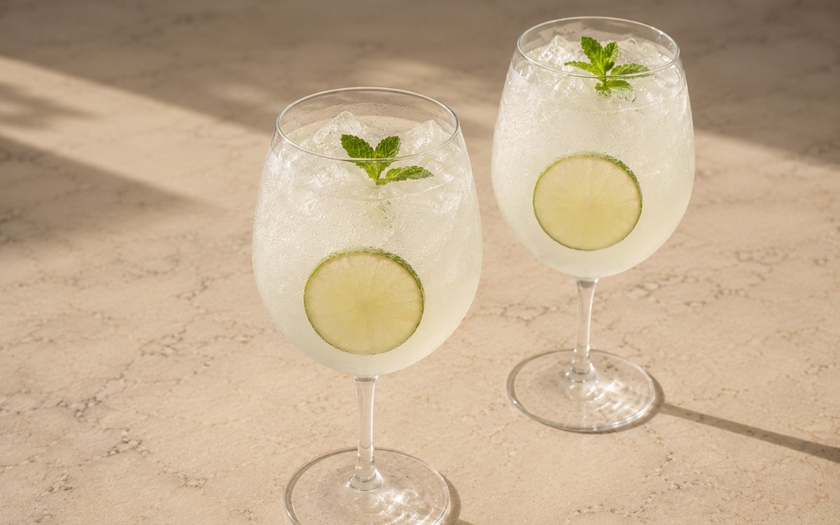 Coconut lime sparkling mocktail in a wine glass showing pale golden sparkling drink over ice with a thin lime slice against the glass and a fresh mint sprig on top on marble surface