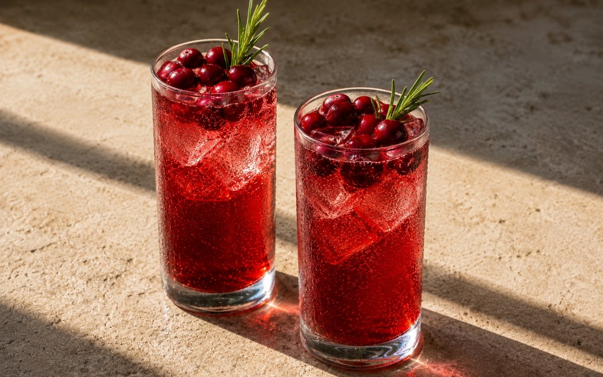 Cranberry spritzer mocktail in tall highball glasses with deep red sparkling liquid, whole fresh cranberries piled on top and rosemary sprig on a warm stone surface