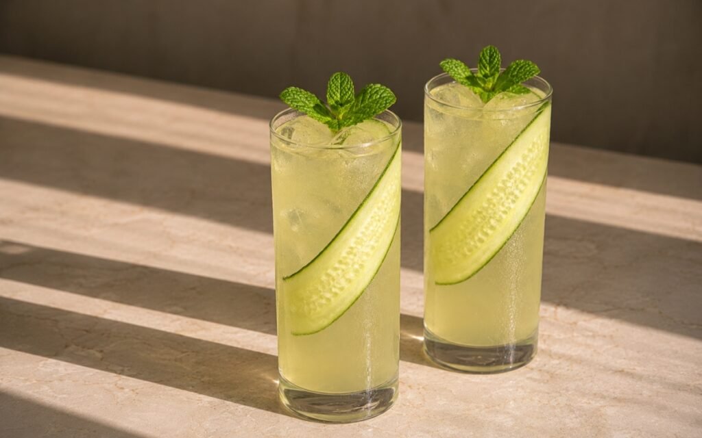 Cucumber agua fresca in tall highball glasses with pale green liquid, cucumber ribbon pressed against the glass wall and fresh mint sprig on a warm marble countertop
