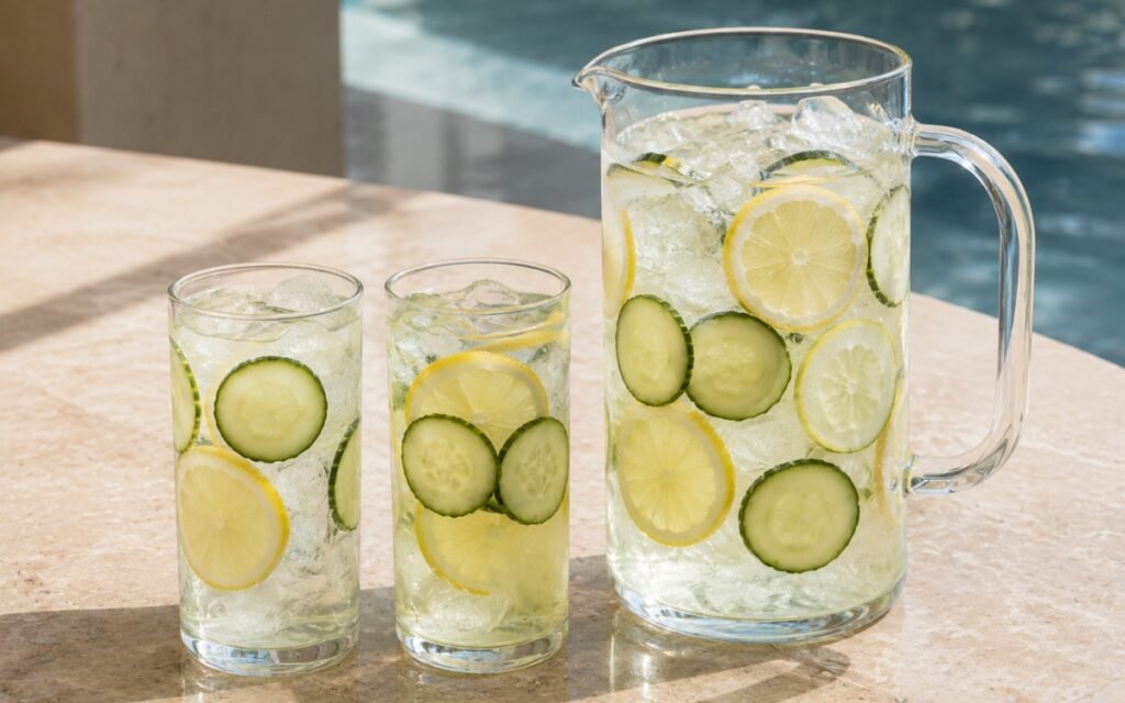 Cucumber lemon infused water in a large pitcher showing pale clear water with thin cucumber slices and lemon rounds visible throughout on marble surface