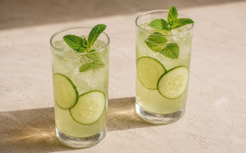 Light cucumber mint green tea in a tall glass showing pale clear-green still drink over ice with thin cucumber slices against the glass and fresh mint leaves on top on marble surface