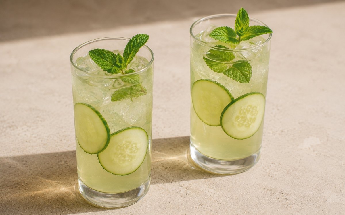 Light cucumber mint green tea in a tall glass showing pale clear-green still drink over ice with thin cucumber slices against the glass and fresh mint leaves on top on marble surface