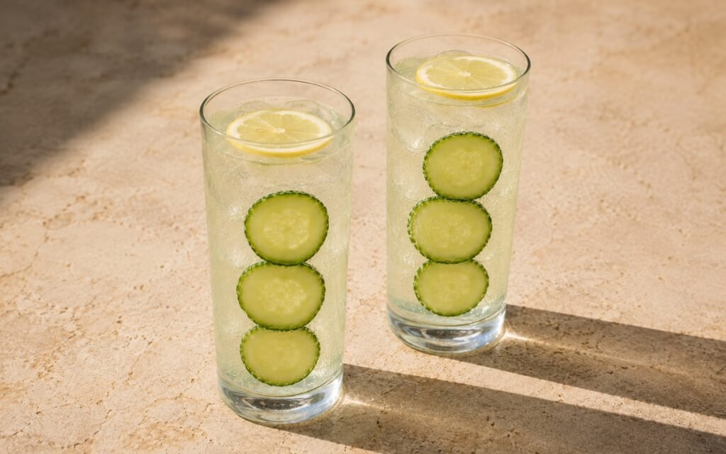 Cucumber yuzu tonic mocktail in a tall glass showing nearly clear sparkling drink over clear ice with cucumber slices stacked against the inside of the glass and a thin lemon slice floating on the surface on marble surface
