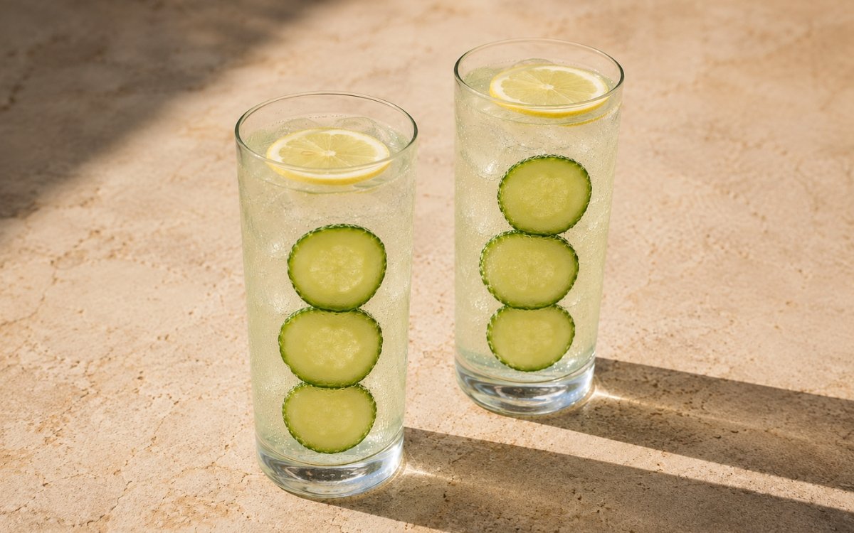 Cucumber yuzu tonic mocktail in a tall glass showing nearly clear sparkling drink over clear ice with cucumber slices stacked against the inside of the glass and a thin lemon slice floating on the surface on marble surface