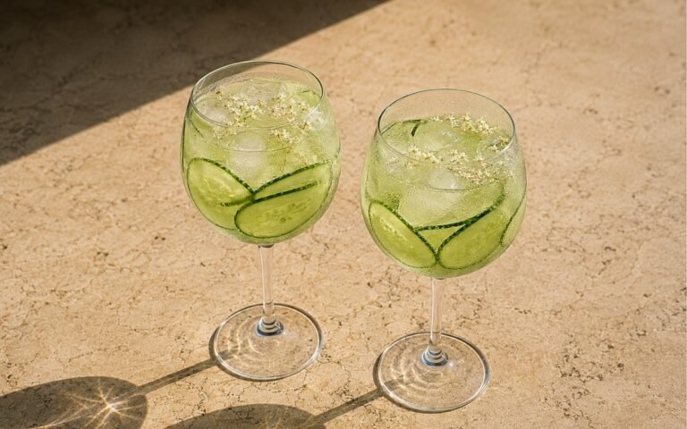 Elderflower cucumber spritz mocktail in wide balloon wine glasses with pale clear sparkling liquid, cucumber rounds spiralled inside the glass and white elderflowers on a light marble surface