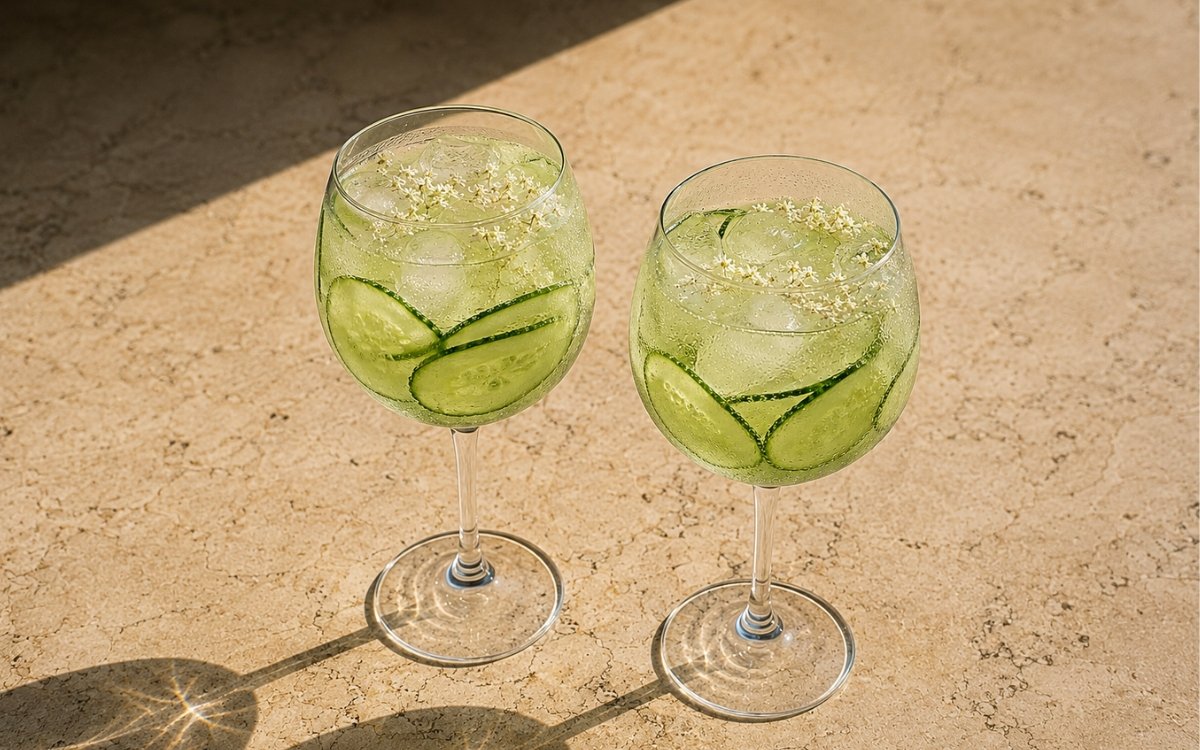 Elderflower cucumber spritz mocktail in wide balloon wine glasses with pale clear sparkling liquid, cucumber rounds spiralled inside the glass and white elderflowers on a light marble surface