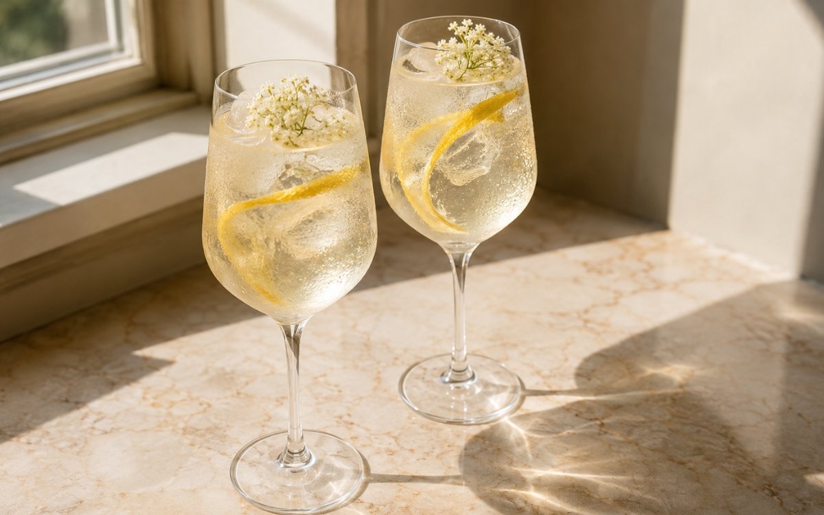 Elderflower lemonade in a tall glass showing pale clear-yellow still drink over ice with a lemon slice and a small fresh elderflower cluster on top on marble surface