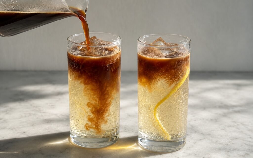 Espresso tonic mocktail in tall highball glasses with clear tonic at the base and dark espresso layer on top over ice with lime peel twist on a warm grey marble surface