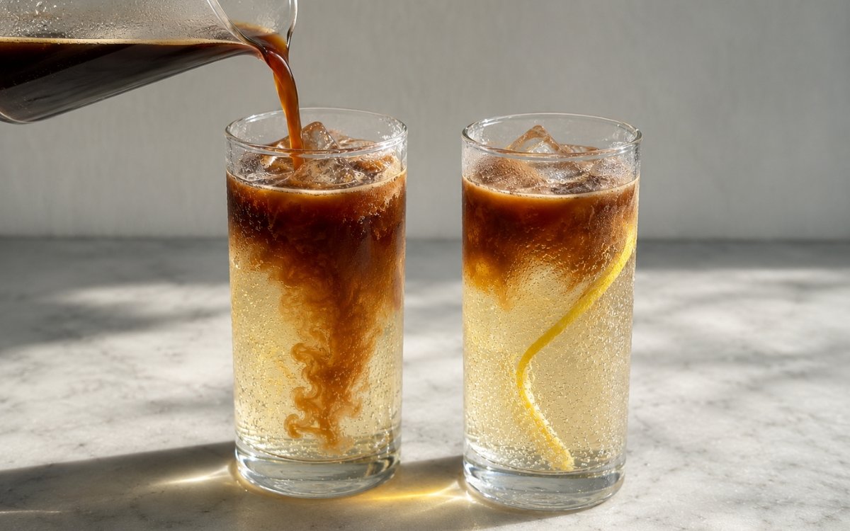 Espresso tonic mocktail in tall highball glasses with clear tonic at the base and dark espresso layer on top over ice with lime peel twist on a warm grey marble surface