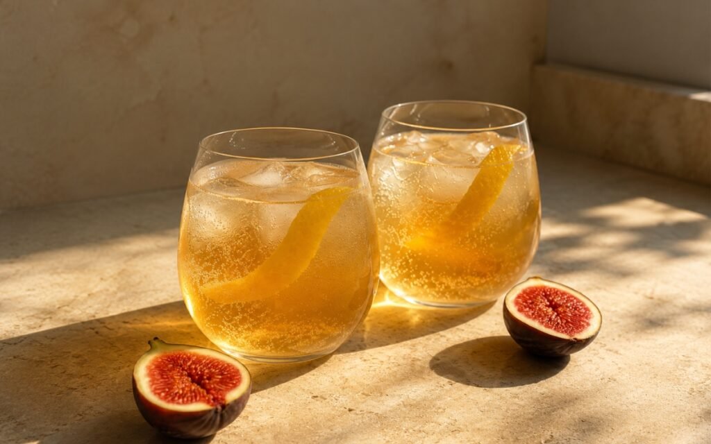 Fig honey lemon sparkler mocktail in a wine glass showing warm amber sparkling drink over ice with a long curled lemon peel strip running through the drink on marble surface
