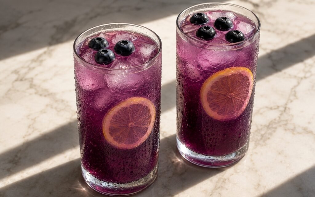 Fresh blueberry lemonade in a tall glass showing vivid purple-pink still drink over ice with a lemon slice and fresh blueberries on top on marble surface