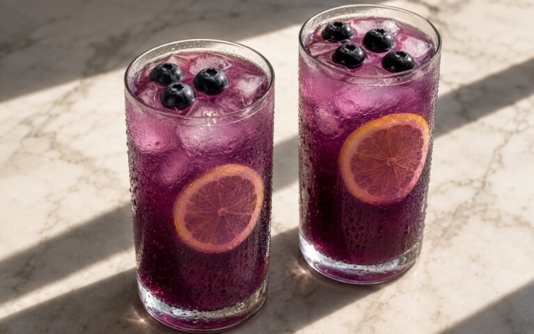 Fresh blueberry lemonade in a tall glass showing vivid purple-pink still drink over ice with a lemon slice and fresh blueberries on top on marble surface