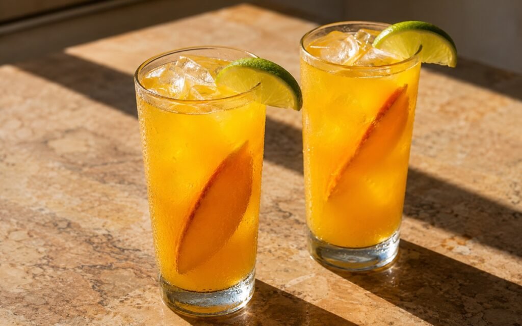 Fresh mango lemonade in a tall glass showing vivid golden-orange still drink over ice with a lemon slice and fresh mango cubes on the rim on marble surface