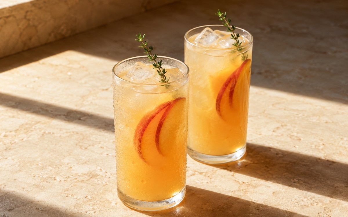 Fresh peach lemonade in a tall glass showing pale amber-pink still drink over ice with a fresh peach wedge on the rim and a small mint sprig on top on marble surface