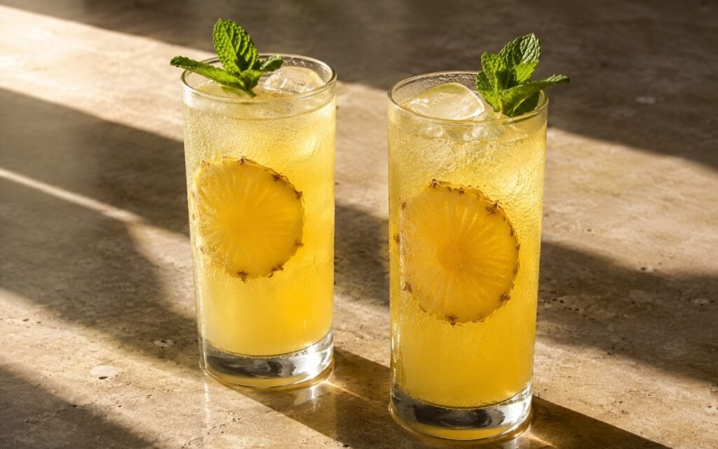 Fresh pineapple lemonade in a tall glass showing vivid golden-yellow still drink over ice with a lemon slice and a pineapple cube on the rim on marble surface