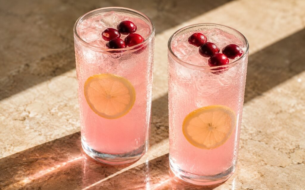 Fresh pink lemonade in a tall glass showing vivid ruby-pink still drink over ice with a lemon slice and fresh cranberries as garnish on marble surface