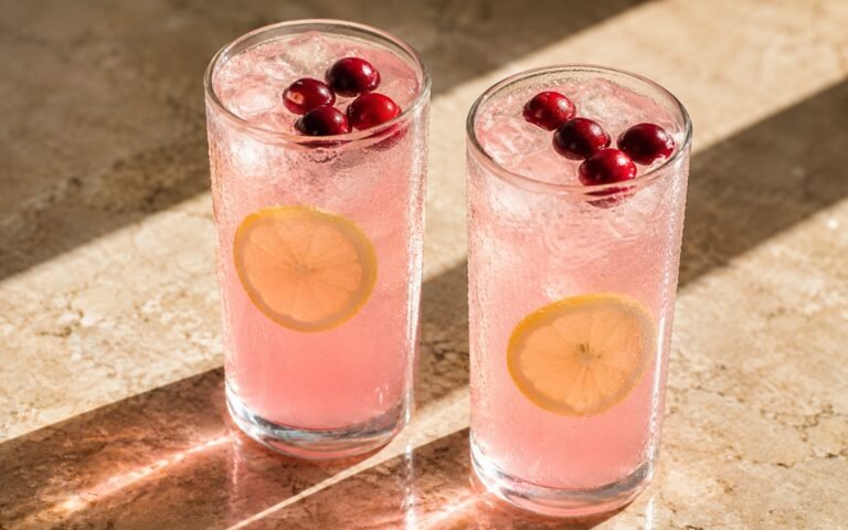 Fresh pink lemonade in a tall glass showing vivid ruby-pink still drink over ice with a lemon slice and fresh cranberries as garnish on marble surface