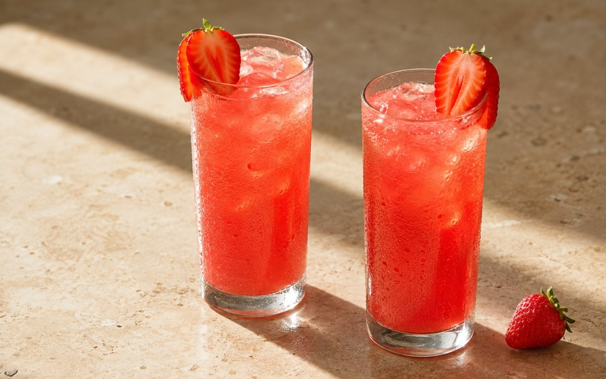 Fresh strawberry lemonade in a tall glass showing vivid ruby-red still drink over ice with lemon slices and fresh sliced strawberries as garnish on marble surface