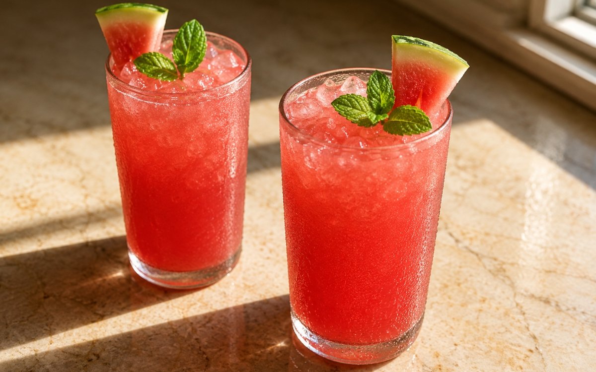 Fresh watermelon lemonade in a tall glass showing vivid pink-red still drink over ice with a lemon slice and a small watermelon wedge on the rim on marble surface