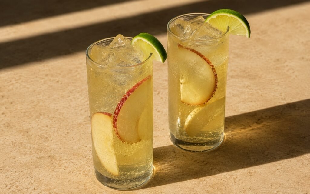 Fuji apple ginger fizz mocktail in tall highball glasses with pale golden-green sparkling liquid, Fuji apple slices with red skin pressed against the glass and lime wedge on a beige stone surface