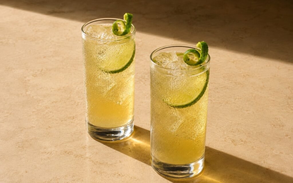 Ginger lime beer mocktail in tall highball glasses with pale golden-green sparkling liquid, lime wheel inside the glass and lime peel twist on the rim on a warm marble surface